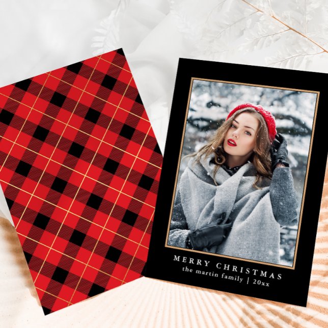 Rustic Red Plaid with Faux Gold Photo Christmas Holiday Card (Creator Uploaded)