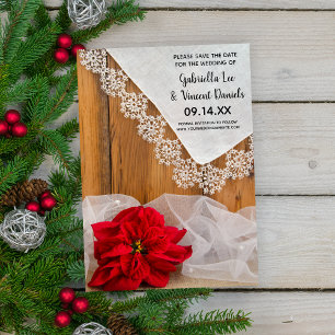 Rustic Red Poinsettia Lace Winter Save the Date Invitation