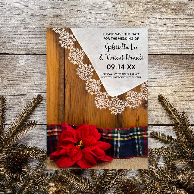 Rustic Red Poinsettia Plaid Winter Save the Date Invitation (Set a natural yet festive tone for your rustic winter marriage ceremony and reception.)