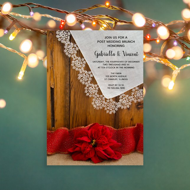 Rustic Red Poinsettia Winter Post Wedding Brunch Invitation (Set a festive tone to your day after celebration with this rustic chic post wedding brunch invite.)