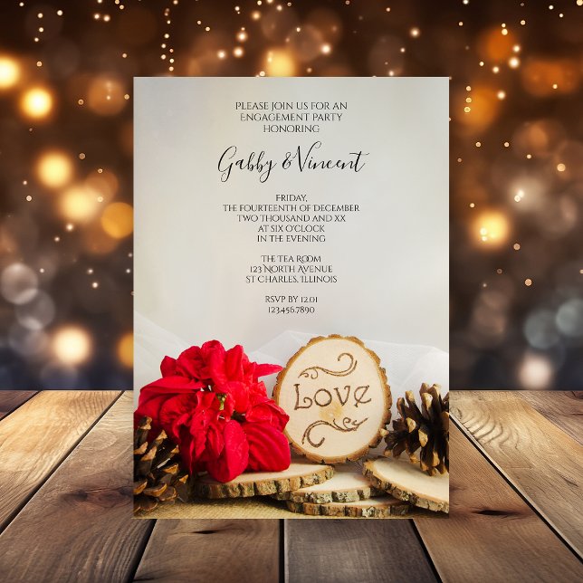 Rustic Red Poinsettia Woodland Engagement Party Invitation (Perfect inspo for your rustic wintery engagement celebration event)