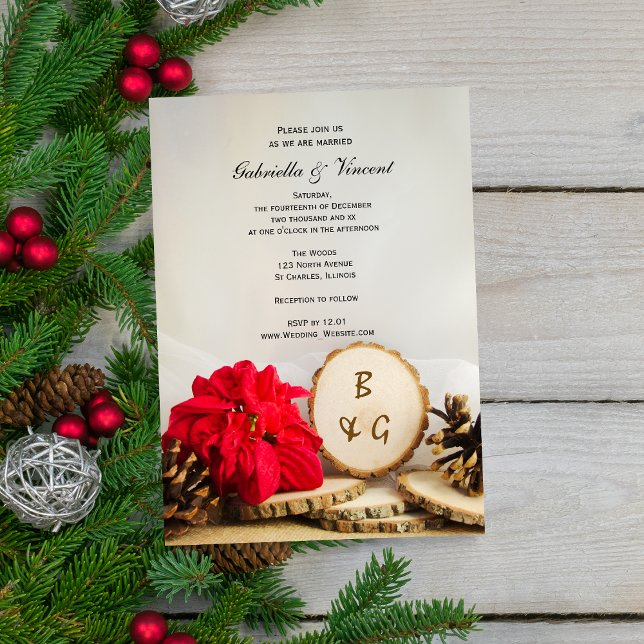 Rustic Red Poinsettia Woodland Wedding Invitation (Creator Uploaded)
