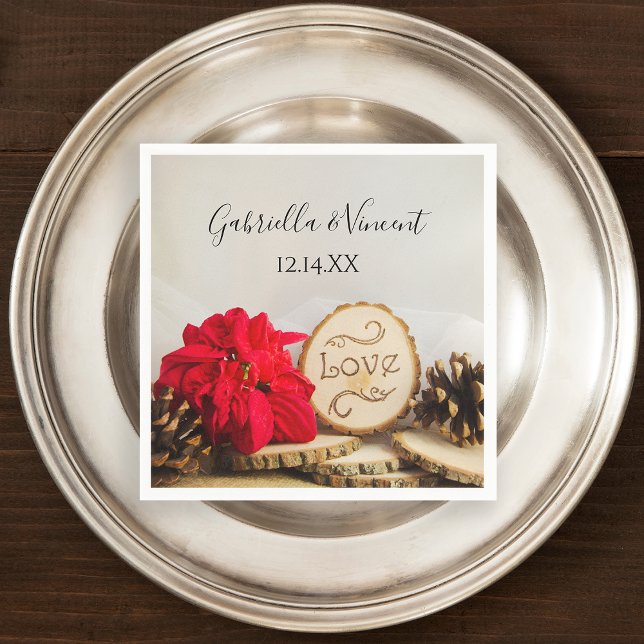 Rustic Red Poinsettia Woodland Winter Wedding Napkin (Set a festive table with this rustic woodsy napkin.)