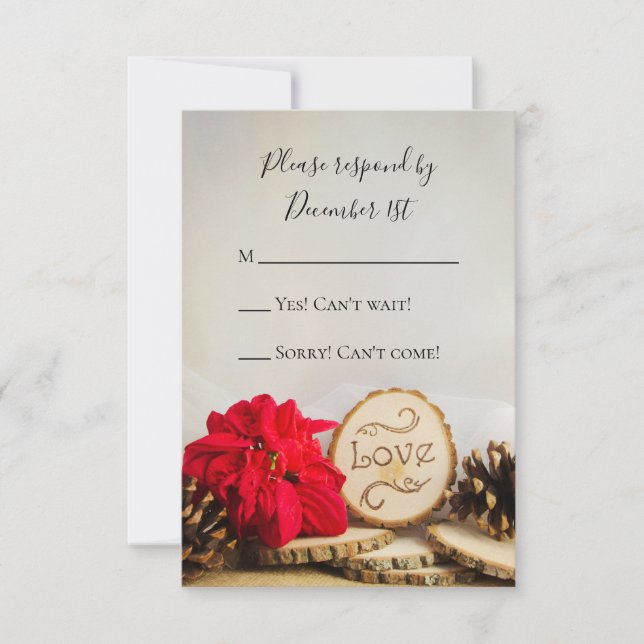 Rustic Red Poinsettia Woodland Winter Wedding RSVP Card (Front)