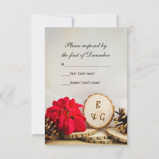 Rustic Red Poinsettia Woods Wedding RSVP Card (Front)