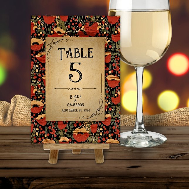 Rustic Red Poppies Vintage Wood Wedding  Table Number (Creator Uploaded)