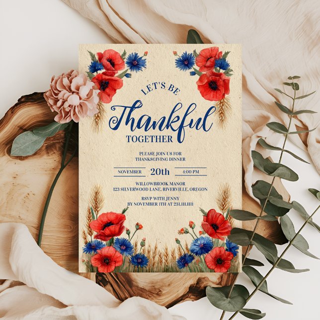 Rustic Red Poppy and Cornflower Thanksgiving  Invitation (Creator Uploaded)