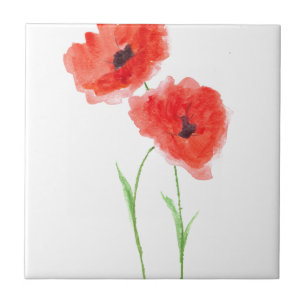Rustic Red poppy flowers watercolor poppies Ceramic Tile