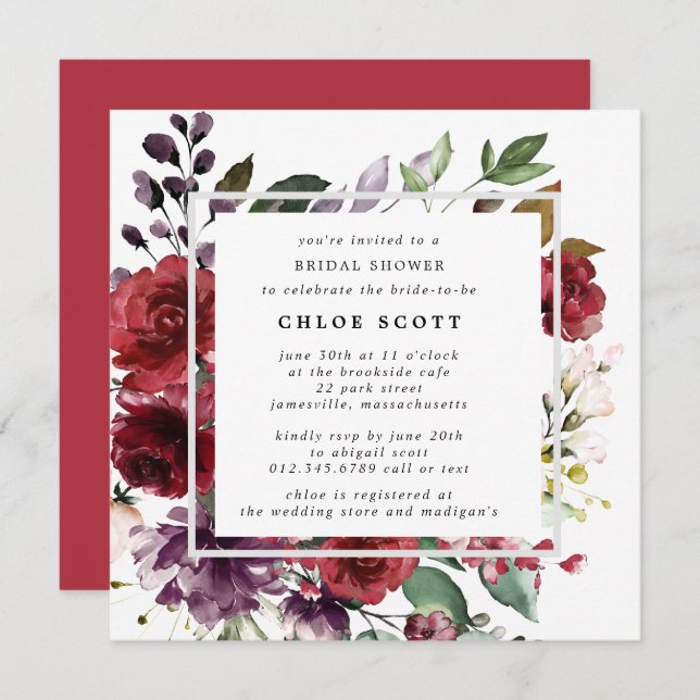 Rustic Red Purple Rose Floral Bridal Shower Invitation (Front/Back)