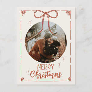 Rustic Red Ribbon Merry Christmas Photo Holiday Postcard