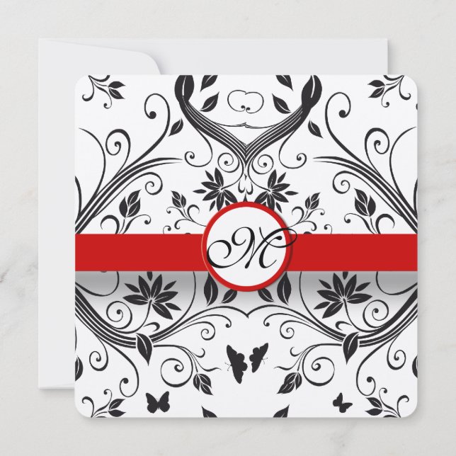 Rustic Red Romantic Damask Butterfly Wedding Invitation (Back)