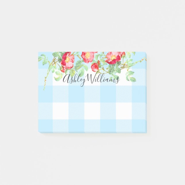 Rustic Red Rose Floral Blue Buffalo Plaid Name 4x3 Post-it Notes (Front)