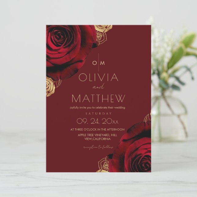 Rustic Red Rose Floral Modern Wedding  Invitation (Standing Front)