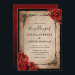 Rustic Red Rose Gold Black Vintage Elegant Wedding Invitation<br><div class="desc">Create your own diy vintage wedding invitations on a unique, gorgeous template. The design illustrated by Raphaela Wilson depicts dark burgundy red roses accented with gold and black ink over an antique, aged paper parchment. On the back side is depicted a watercolor rose pattern atop an ombre fade from dark...</div>