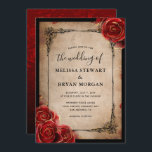 Rustic Red Rose Gold Black Vintage Elegant Wedding Invitation<br><div class="desc">Create your own diy vintage wedding invitations on a unique, gorgeous template. The design illustrated by Raphaela Wilson depicts dark burgundy red roses accented with gold and black ink over an antique, aged paper parchment. On the back side is depicted a watercolor rose pattern atop an ombre fade from dark...</div>