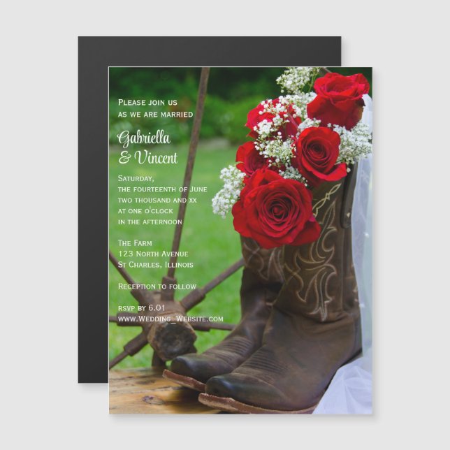 Rustic Red Roses and Cowboy Boots Country Wedding Magnetic Invitation (Front/Back)