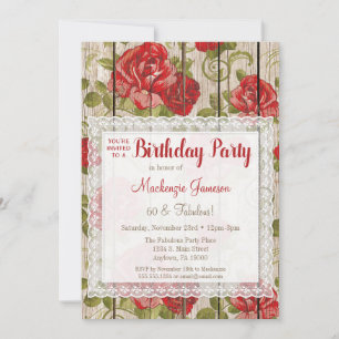 Rustic Red Roses Birthday Invitation Lace Wood
