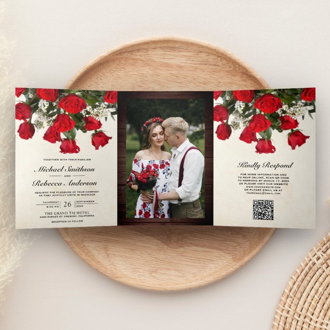 Rustic Red Roses Bouquet Photo QR Code Wedding Tri-Fold Invitation (Creator Uploaded)