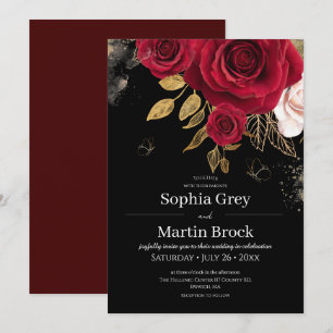 Rustic Red Roses & Gold Floral Elegant Wedding  Invitation