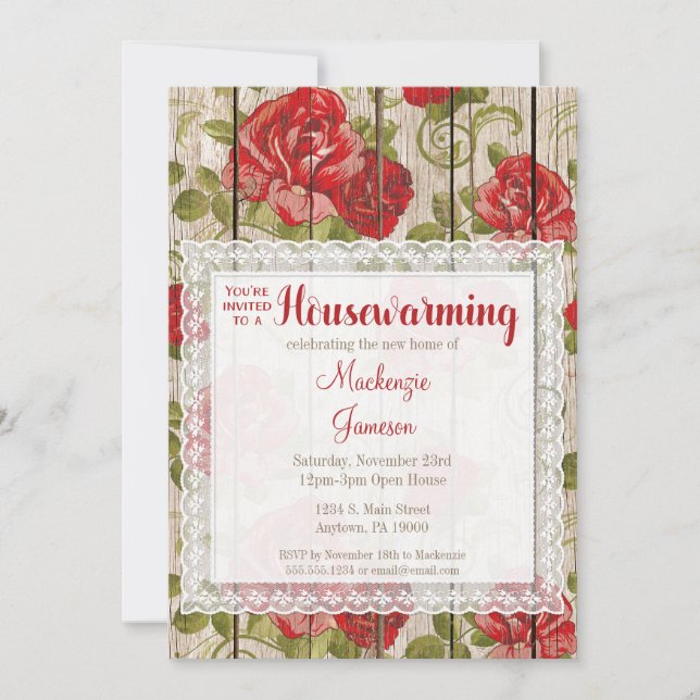 Rustic Red Roses Housewarming Invitation Lace Wood (Front)