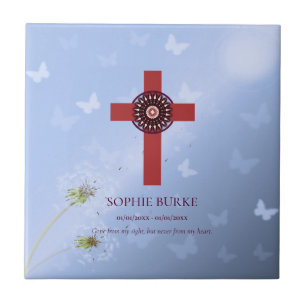 Rustic Red Rosette Cross Blue Pet Memorial Ceramic Tile