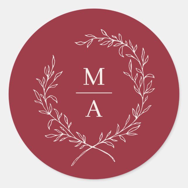 Rustic Red Simple Elegant Laurel Wreath Monogram Classic Round Sticker (Front)