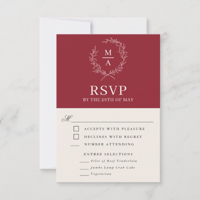 Rustic Red Simple Elegant Monogram RSVP with Meals Card (Front)