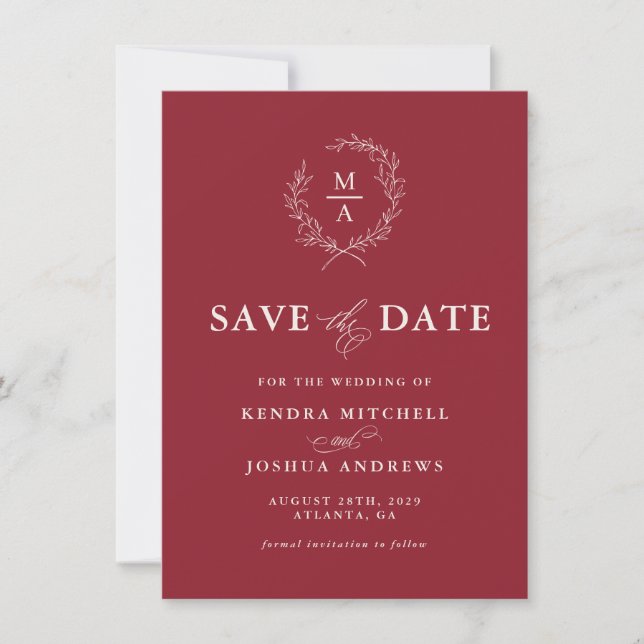 Rustic Red Simple Elegant Monogram Save the Date (Front)