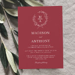 Rustic Red Simple Elegant Monogram Wedding Invitation<br><div class="desc">A tasteful and classic choice in wedding invitations, this design conveys a simple elegance in its text layout. A simple open laurel wreath of sketched leaves surrounds the monogram initial of the bride and groom. The elegant yet simple text template is ready to personalise with your wedding details. This invitation...</div>
