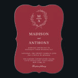 Rustic Red Simple Elegant Monogram Wedding Invitation<br><div class="desc">A tasteful and classic choice in wedding invitations, this design conveys a simple elegance in its text layout and bracket shape style. A simple open laurel wreath of sketched leaves surrounds the monogram initial of the bride and groom. The elegant yet simple text template is ready to personalise with your...</div>
