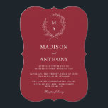 Rustic Red Simple Elegant Monogram Wedding Invitation<br><div class="desc">A tasteful and classic choice in wedding invitations, this design conveys a simple elegance in its text layout and bracket shape style. A simple open laurel wreath of sketched leaves surrounds the monogram initial of the bride and groom. The elegant yet simple text template is ready to personalise with your...</div>