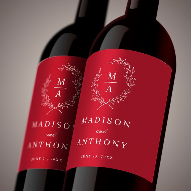 Rustic Red Simple Elegant Monogram Wedding Wine Label (Creator Uploaded)