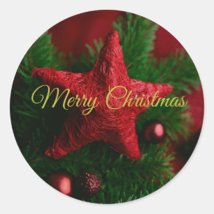 Rustic Red Star On Pin Branch Christmas Sticker