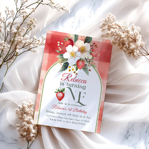 Rustic Red Strawberry Berry First 1st Birthday Invitation