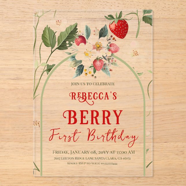 Rustic Red Strawberry Theme Berry First Birthday Acrylic Invitations (Front)