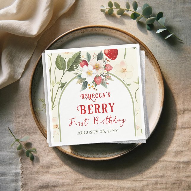 Rustic Red Strawberry Theme Berry First Birthday Napkin (Creator Uploaded)