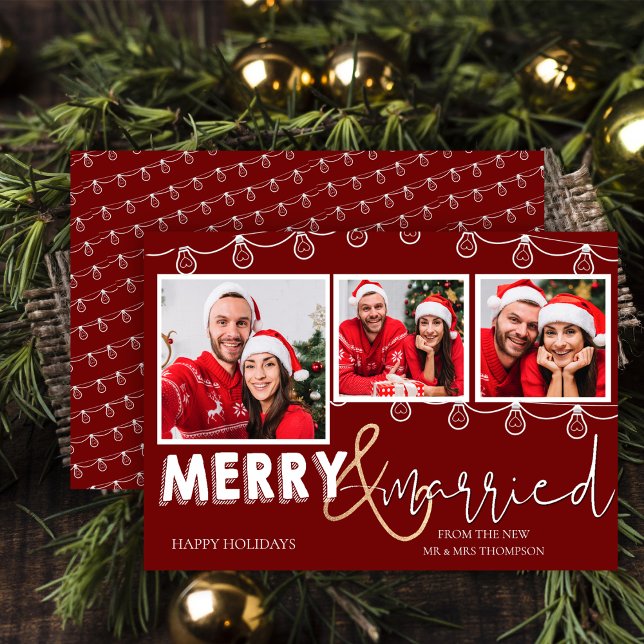 Rustic Red String Lights Merry & Married Photo Holiday Card (Rustic Red String Lights Merry & Married Photo Holiday Card)