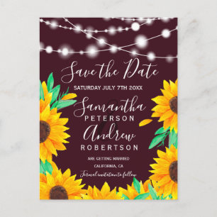 Rustic red string lights sunflowers save the date announcement postcard