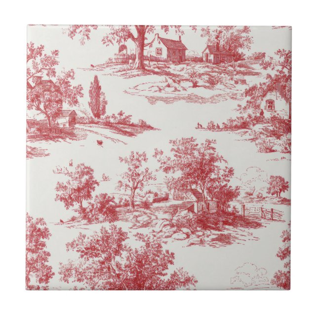 Rustic Red Toile Country Landscape Pattern Ceramic Tile (Front)