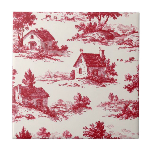 Rustic Red Toile Country Landscape Pattern Ceramic Tile (Front)