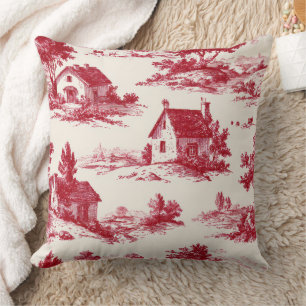 Rustic Red Toile Country Landscape Pattern Cushion