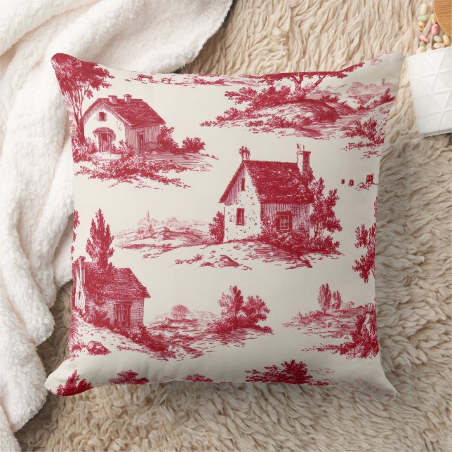 Rustic Red Toile Country Landscape Pattern Cushion (Blanket)