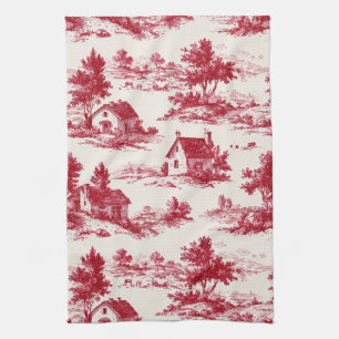Rustic Red Toile Country Landscape Pattern Tea Towel
