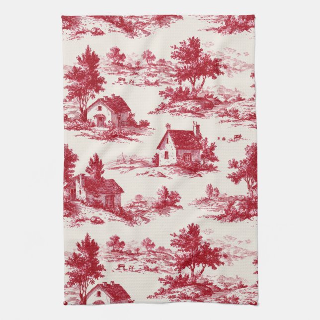 Rustic Red Toile Country Landscape Pattern Tea Towel (Vertical)