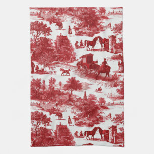 Rustic Red Toile with Detailed Countryside Imagery Tea Towel