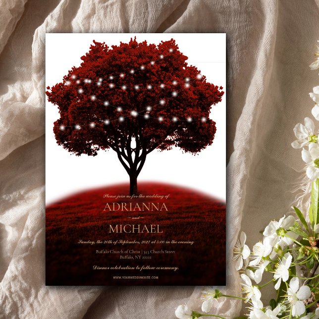 Rustic Red Tree String Lights Wedding Invitation (Creator Uploaded)