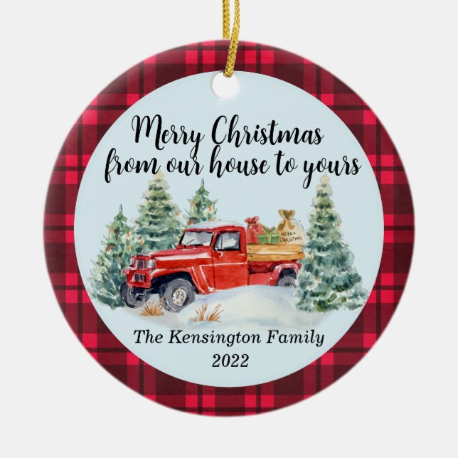 Rustic Red Truck - Buffalo Plaid - Friends Family Ceramic Ornament (Front)