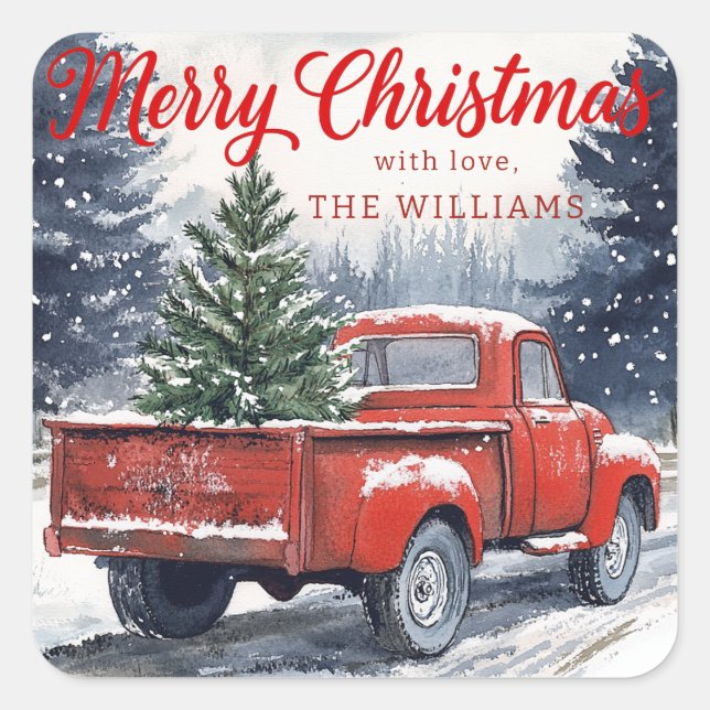 Rustic Red Truck Christmas Gift Sticker (Front)