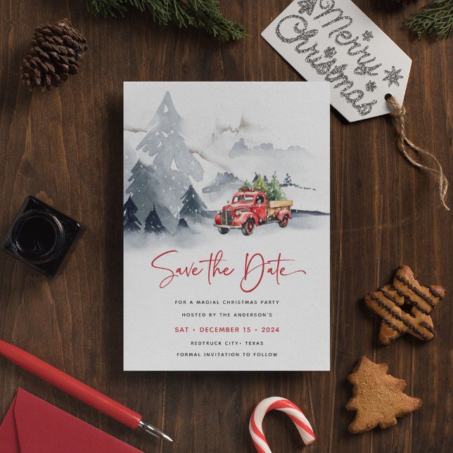 Rustic Red Truck Christmas Party Save the Date Holiday Postcard (Creator Uploaded)
