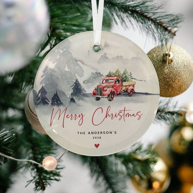 Rustic Red Truck Christmas Personalised Glass Tree Decoration (Creator Uploaded)